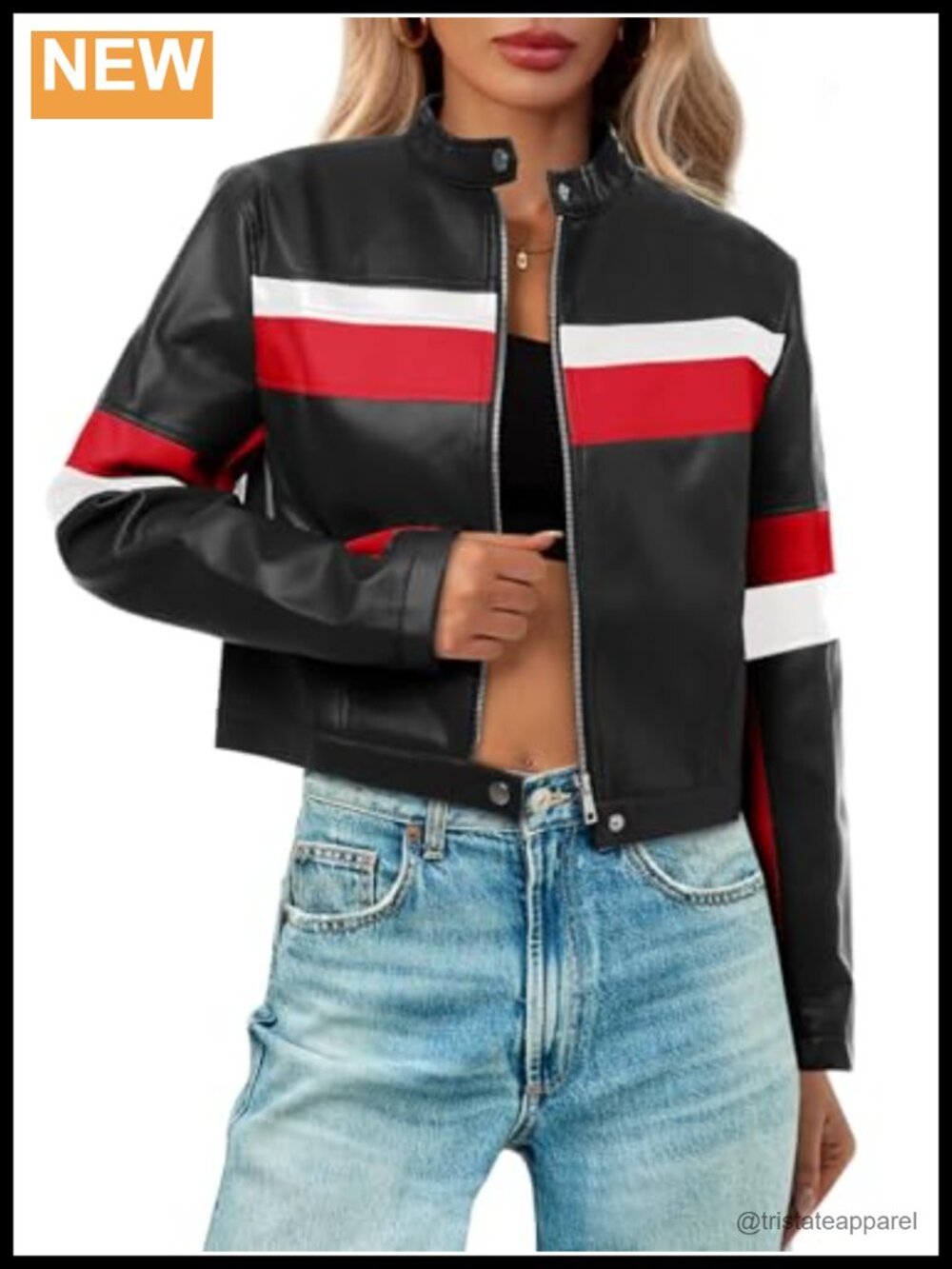 Cropped Faux Leather Moto Biker Jacket Color Block Bomber